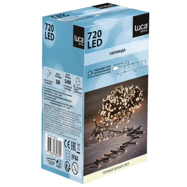 Гирлянда светодиодная нить , 54 м (теплый белый) 720 ламп,Luca 